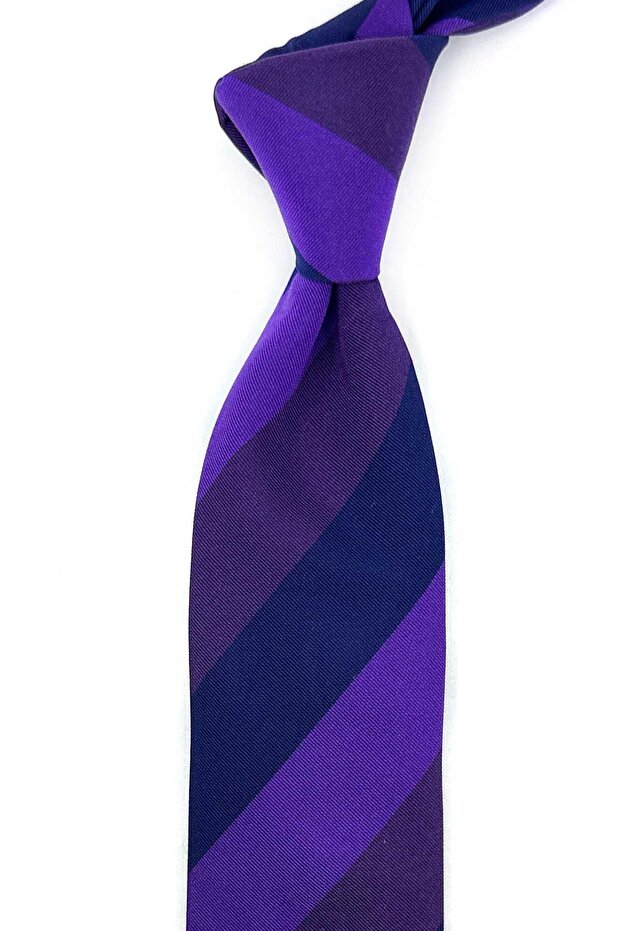 Purple Navy Blue Striped Silk Tie İk2462