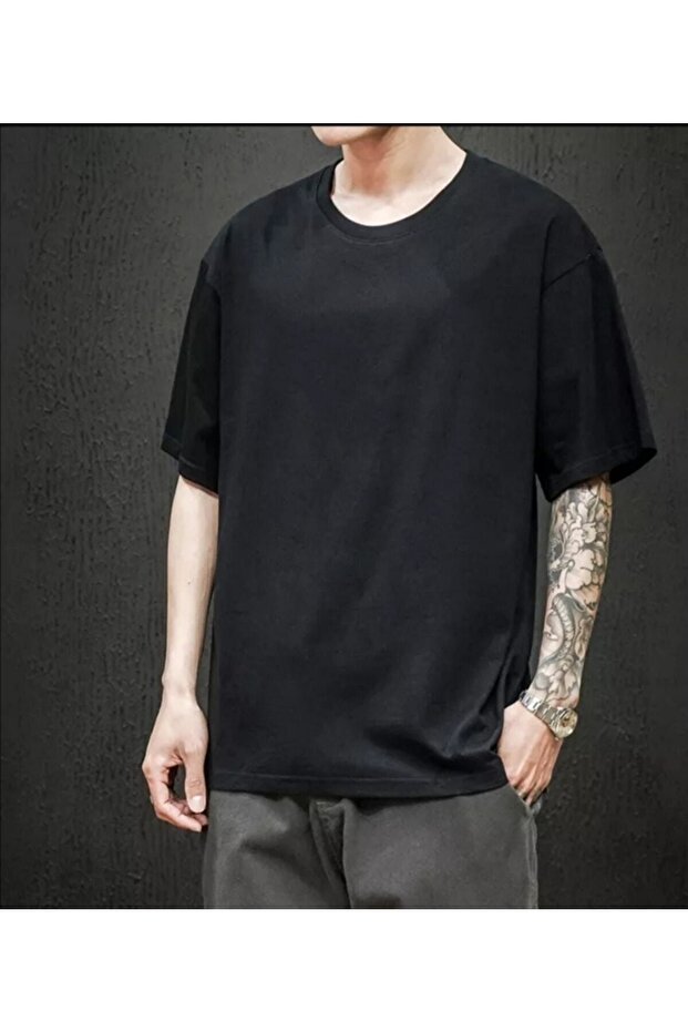 Men's Black Plain Crew Neck Oversize T-shirt