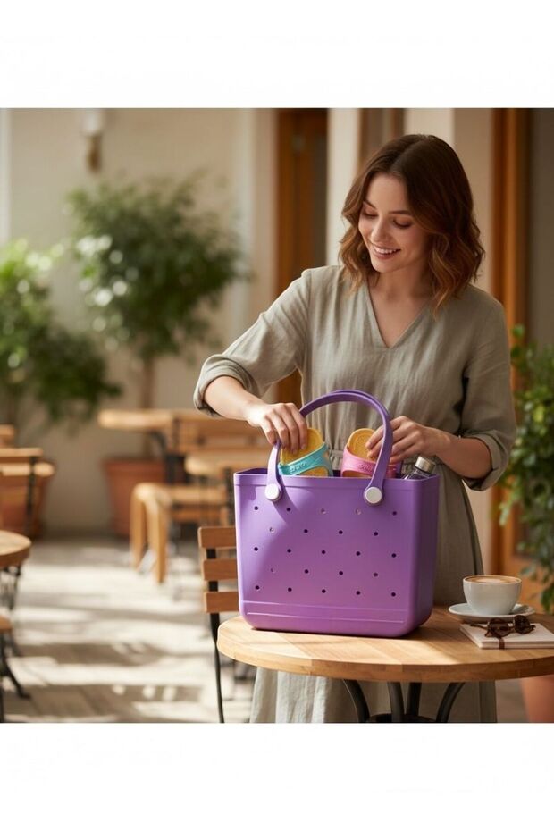 Silicone Beach Bag Shoulder Bag Large Size 29(H)X34X13Cm Purple