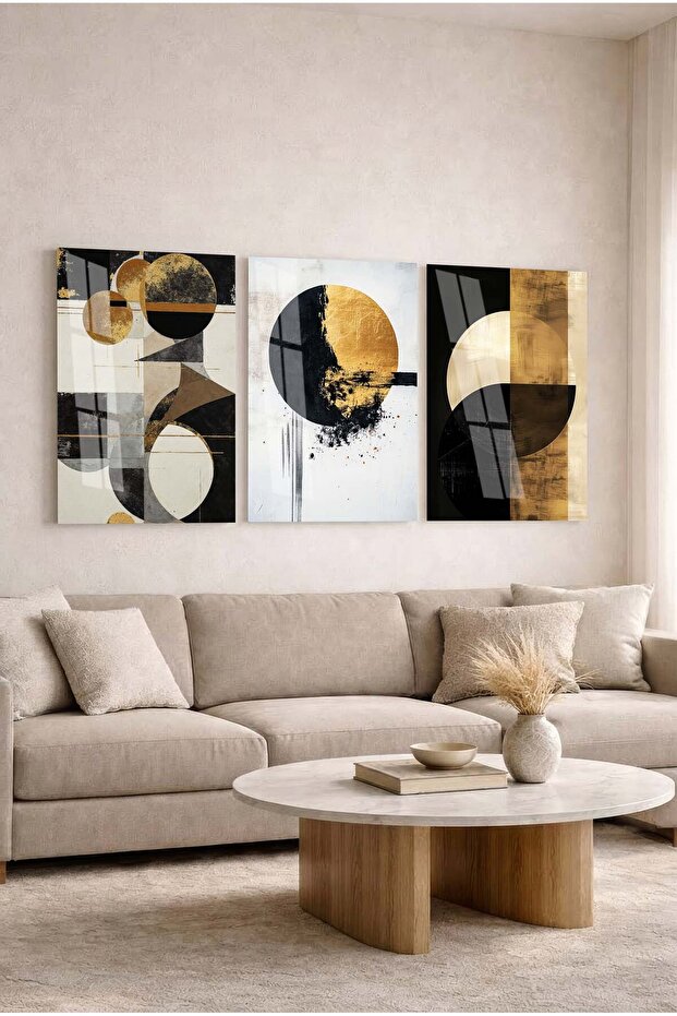 Set of 3 Decorative Tempered Glass Paintings with Geometric Sun Figures - Home and Office Painting