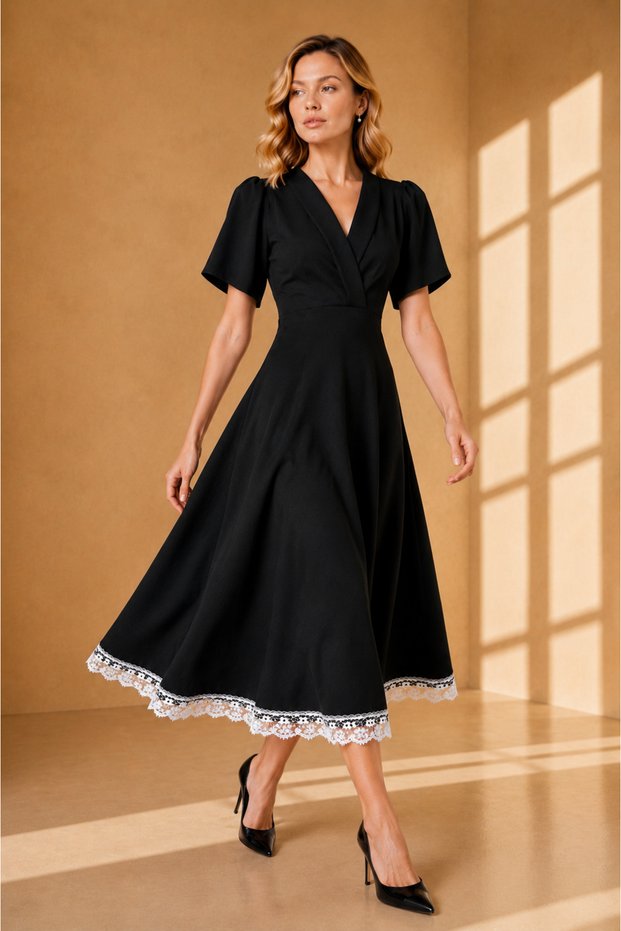 Women's Black Crepe Fabric Padded Double Breasted Collar Skirt Lace Design Midi Evening Dress 77164