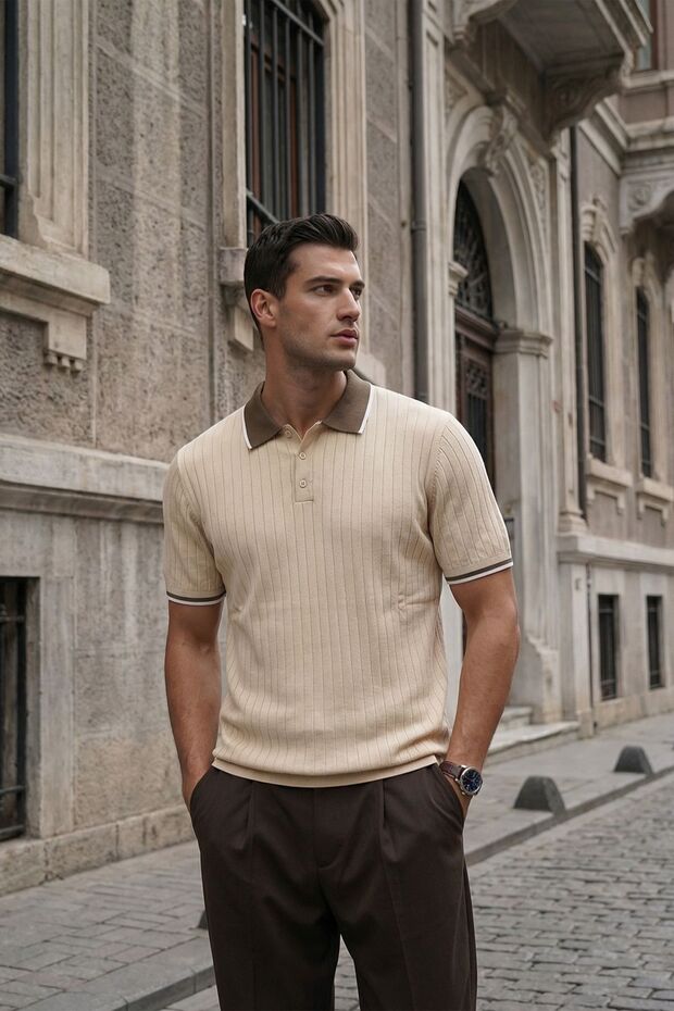 Mirny Men's Beige Slim Ribbed Knitwear Polo T-Shirt