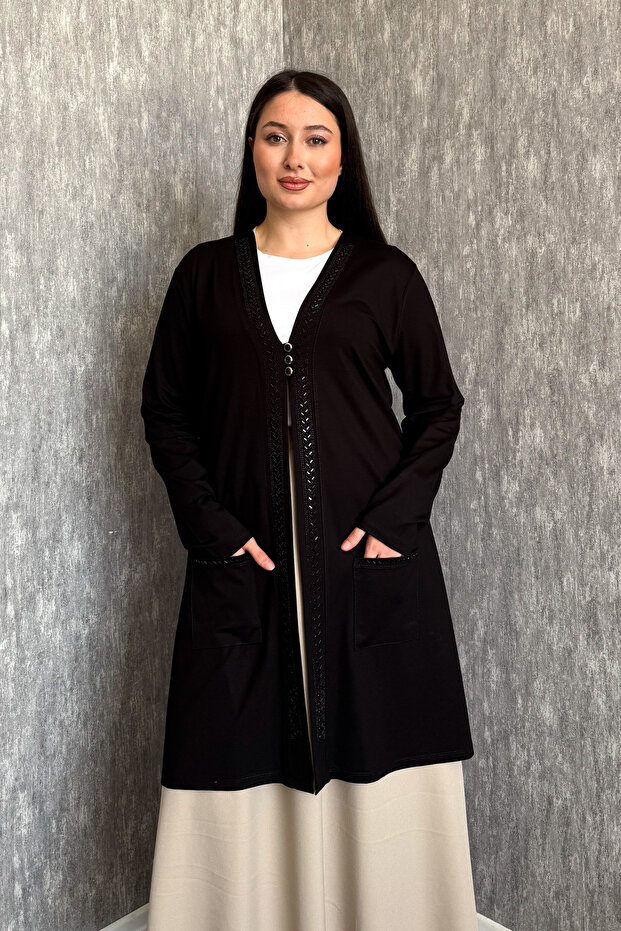 Women's Plus Size Long Cardigan with Stone Collar and Pockets, 3 Buttons 904-3