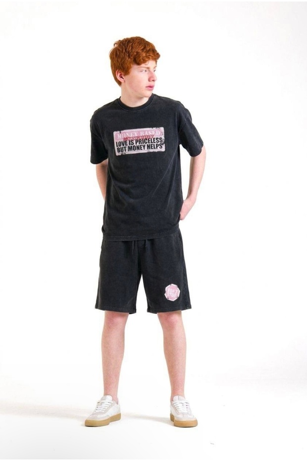 Li̇mi̇ Boy's Soft, Flexible, Distressed Back Print, Embroidered Detail, Combed Cotton Shorts Set