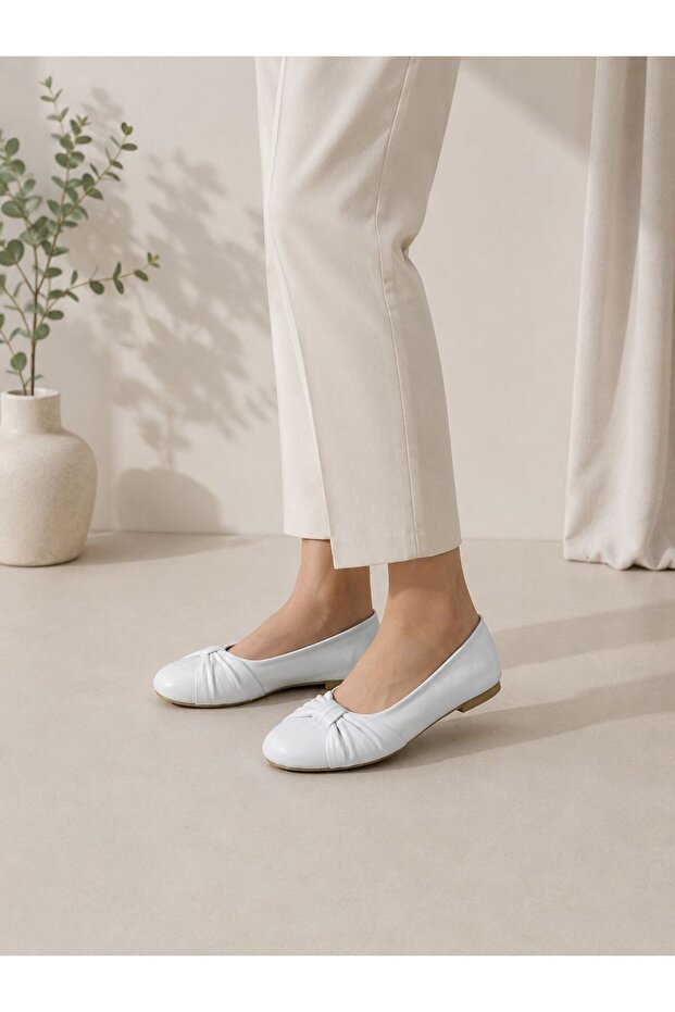 Genuine Leather Bow Detailed Comfortable Women's Daily Ballerinas