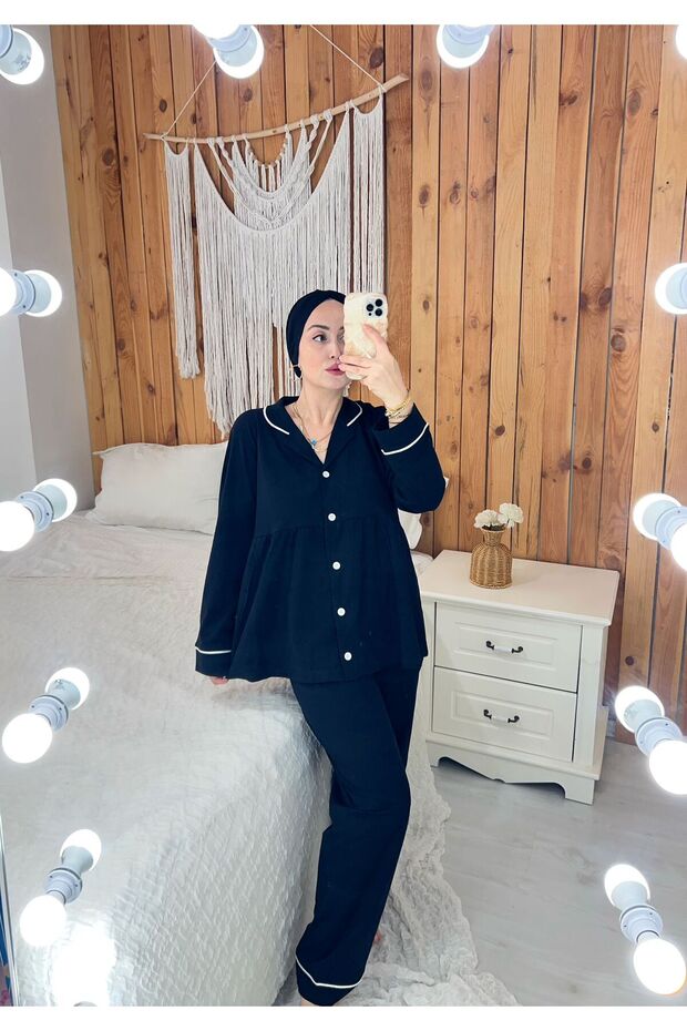 Hijab Boneli Black Color Long Sleeve Maternity Pajama Set