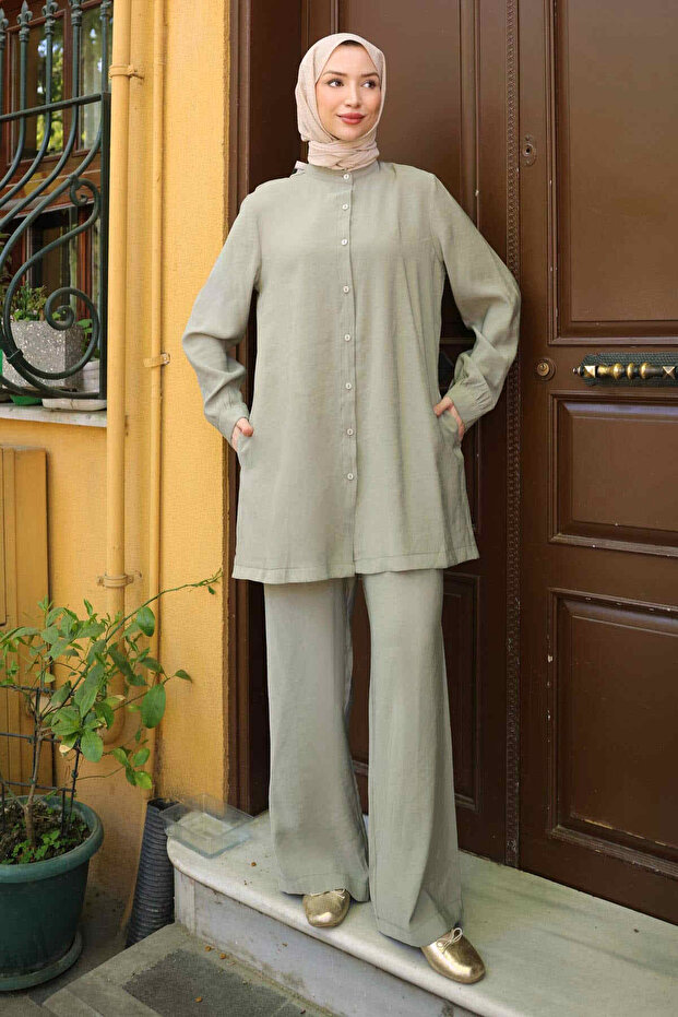 Khaki Buttoned Tunic Trouser Suit