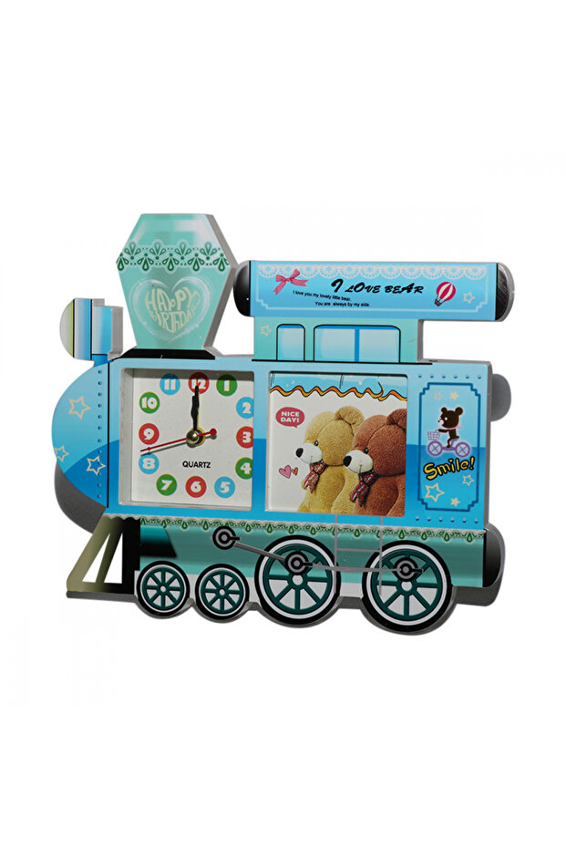 Alarm clock with a train-shaped photo frame - blue