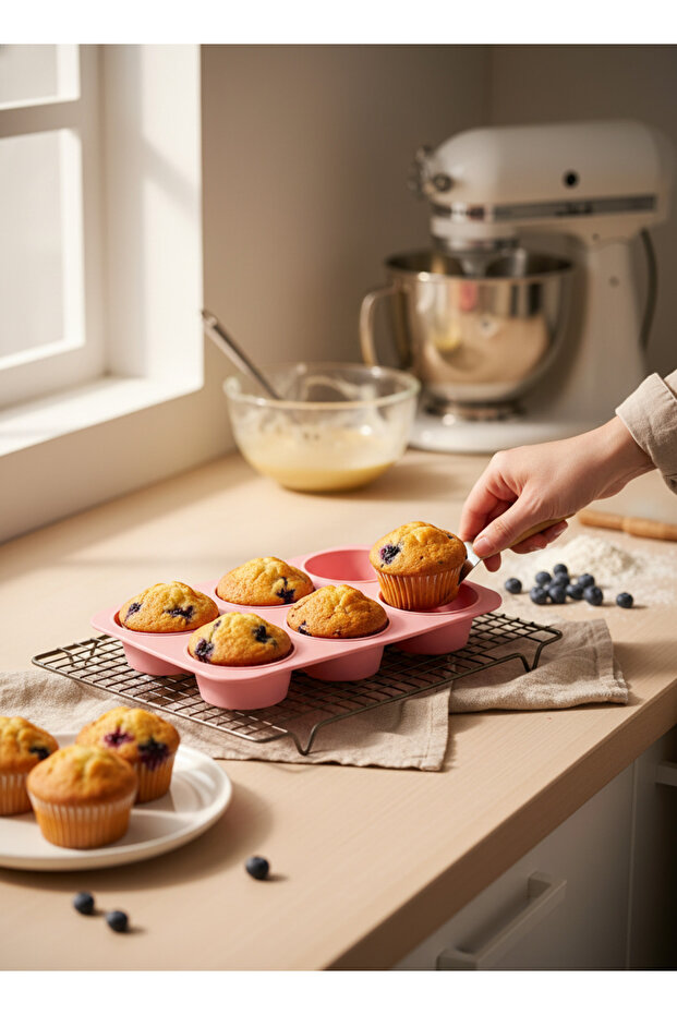 6-Piece Silicone Flat Muffin and Cupcake Mold - Non-Stick One-Piece Flexible Cake Mold 25X16 cm