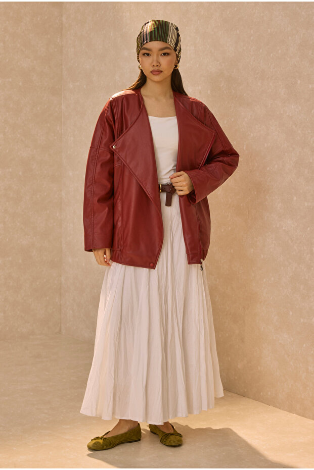 Asymmetrical Cut Leather Jacket Claret Red