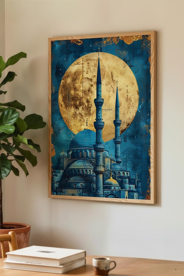 Single Wooden Table with Golden Full Moon and Blue Mosque Design - Natural Wood Frame Table for Home and Business