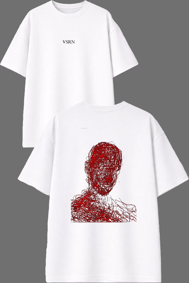 Red Striped Man Design Front and Back Printed White Oversize T-Shirt