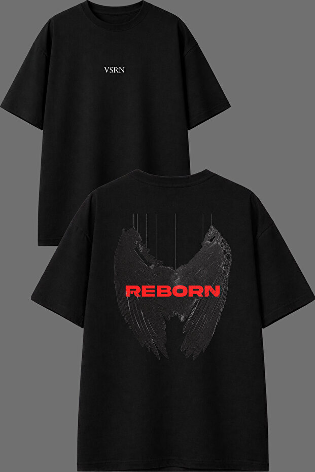 تي شيرت أسود كبير الحجم بتصميم Black Winged Angel مطبوع من الأمام والخلف