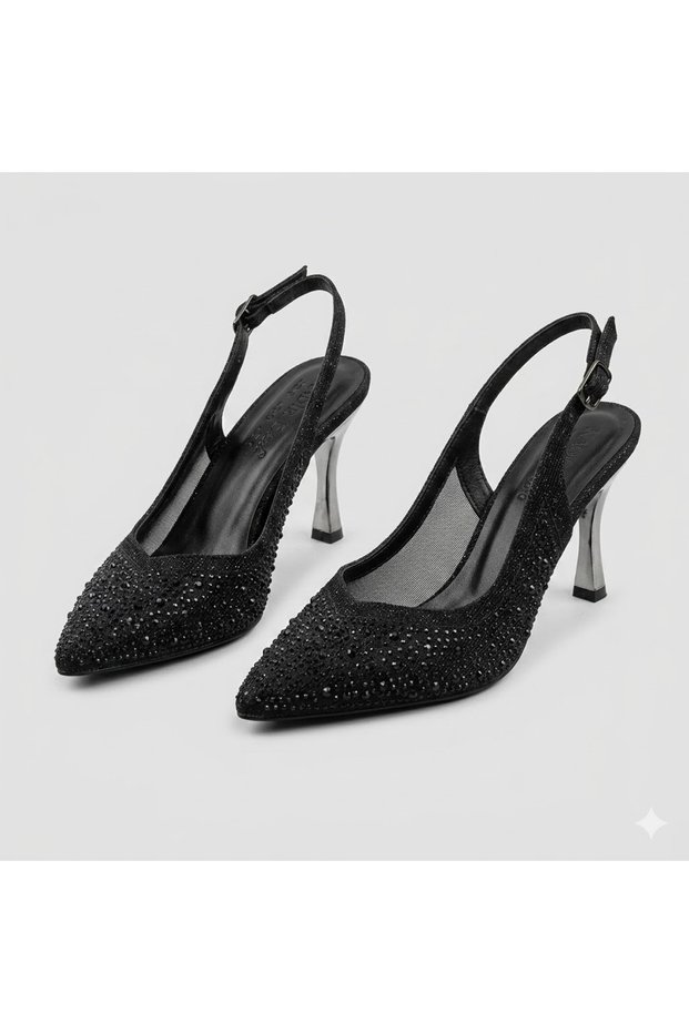 (Park Moda) Closed Toe Women's Heeled Shoes with Drop Stone Detail Black