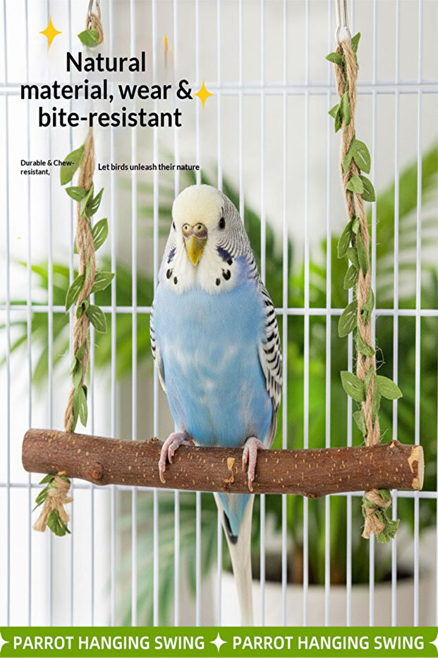 Hanging Wooden Bird Swing Perch, Interactive Chew Toy for Small & Medium Parrots