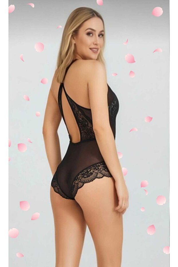 LUNVEX KADIN SİYAH DANTELLİ SIRT ÇAPRAZ İPLİ TRANSPARAN BODYSUİT