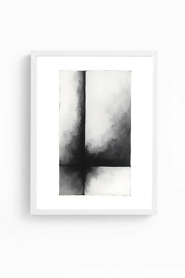 White Wooden Framed Abstract Minimalist Painting - Black-White | Huhu1209 - Single Table White Frame