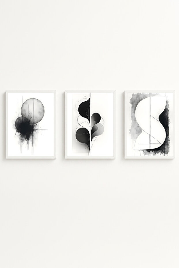 White Wooden Framed 3 Piece Set Painting Huhu436 - Triple Painting Set White Frame