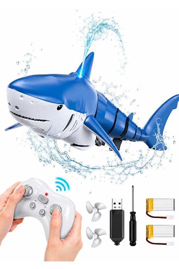 Remote Control Shark Toy with Double Power Propeller, 2.4GHz Water Spray & LED Light, 1:18 Scale RC Fish, Blue and White