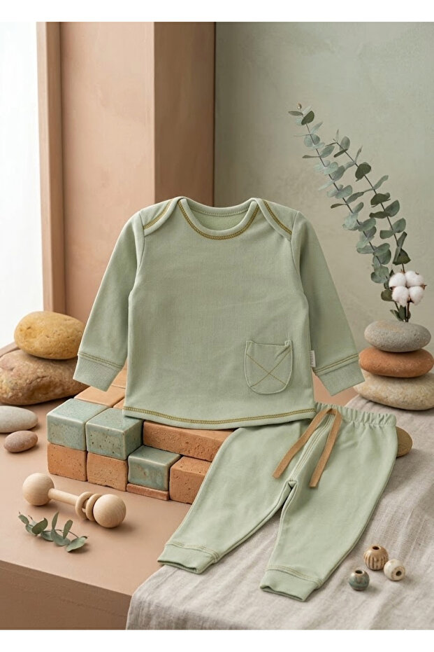 Baby Set with Pockets and Stitching Details, 100% Cotton