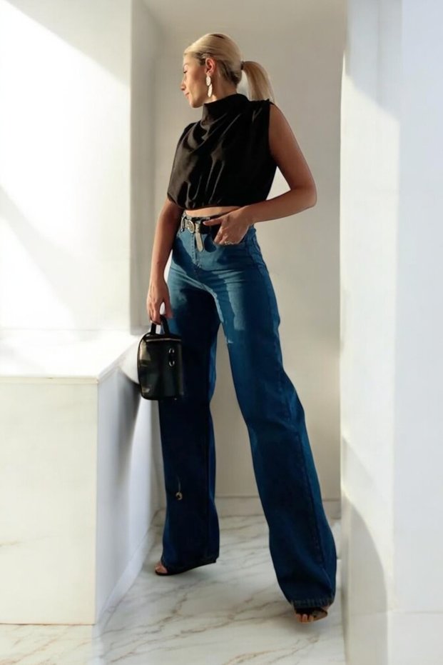 Women's Dark Blue High Waist Loose Fit Jeans