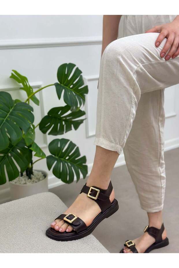 Brown Leather (Ossey) Double Buckle Gold Detail Women's Sandals