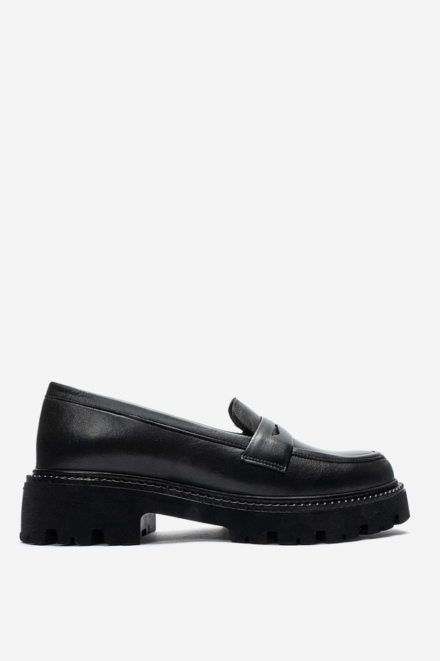 Women's Thick Sole Loafer Shoes Real Leather Mtd 24353 Black