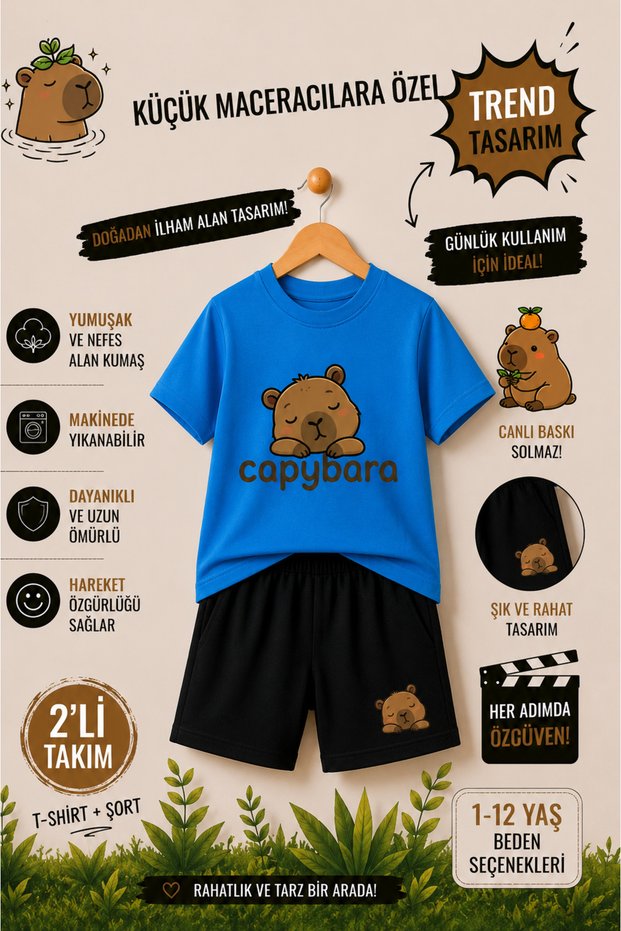 Capybara Mini Adventurer Printed Kids' Set – T-Shirt & Shorts 2-Piece Combination | Trendy Summer Set for Ages 1-12