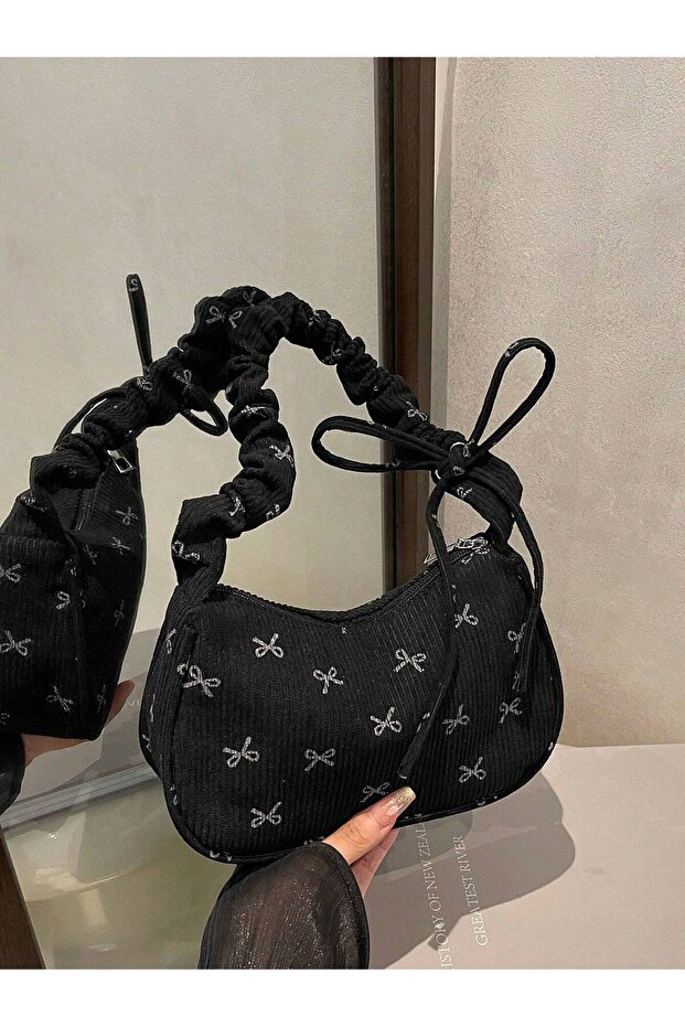 Stylish Black Monochrome Plush Shoulder Bag with Soft Zipper and Bow-Shaped Drawstring Design for Women's Daily Use, Unique Design