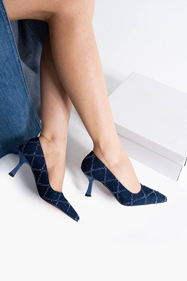 Women's Navy Blue Denim Code Fabric Design Pointed Toe Stiletto Modern and Stylish Heeled Shoes 7cm Heel