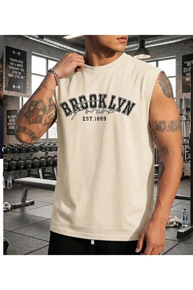 New Season Brooklyn Printed 100% Cotton Sleeveless Plus Size Men's T-Shirt