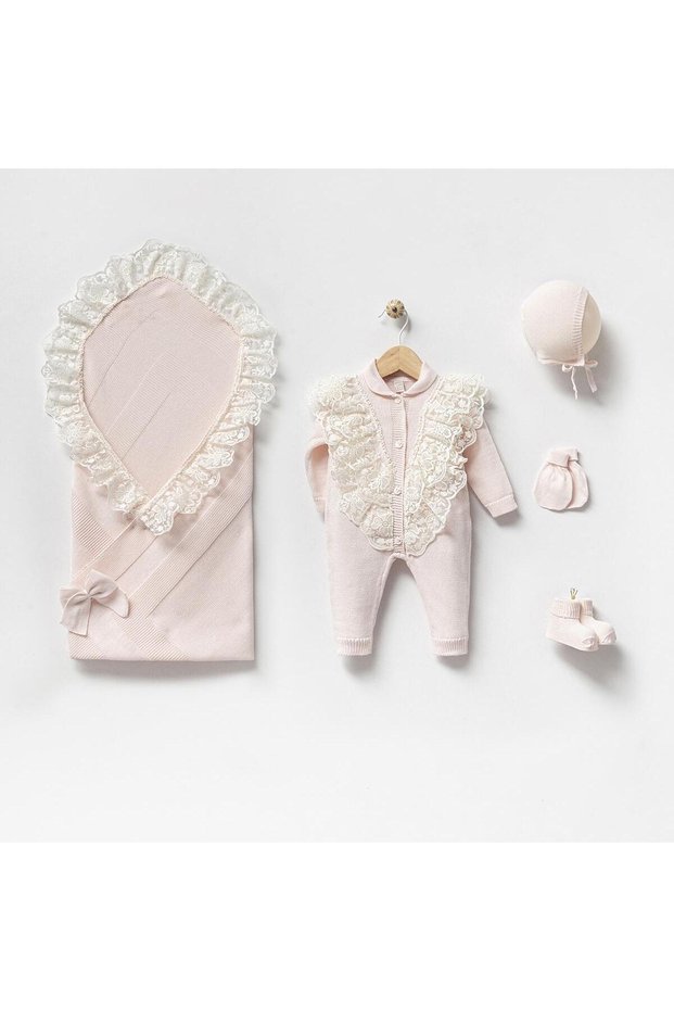 Elegans Baby Girl Knit 5-Piece Hospital Discharge Set - Premium Cotton Knit Newborn Set - Gift Ready