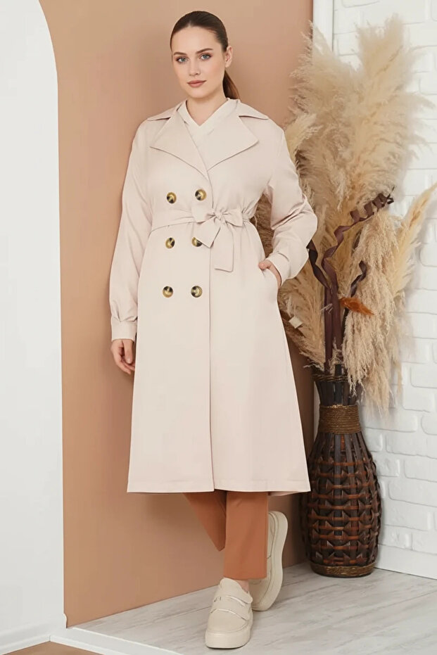 Women's Double-Breasted Collar Belted Double-Button Beige Hijab Trench Coat