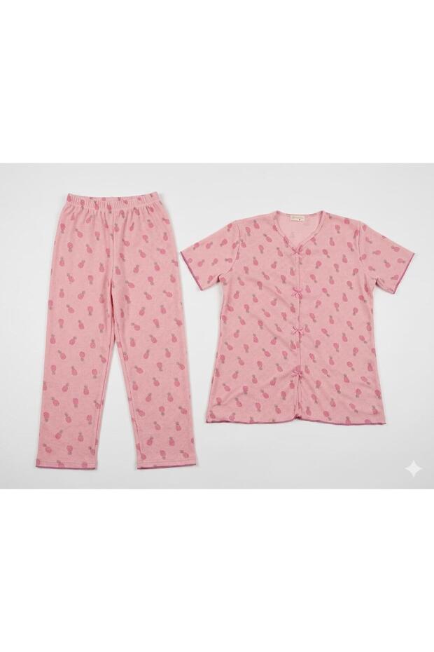 Summer Pink Pineapple Patterned Short Sleeve Combed Cotton 100% Cotton Pajama Set