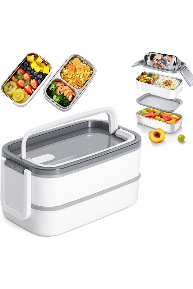 lunch Box, 2-Layer Leakproof Bento Box - 304 Stainless Steel Food Container with Compartments, Microwave Safe Large Capacity Lunch Box with Handle & Cutlery Storage