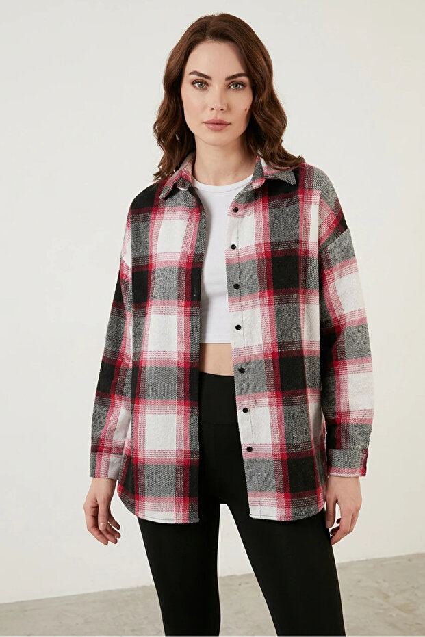 Women's Oversize Plaid Patterned Cotton Tile Shirt
