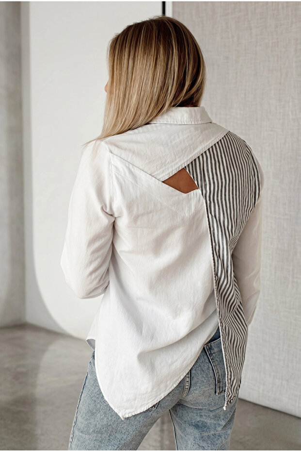 Women's White Striped Panel Detailed Cotton Oversize Shirt with Low Back Cutout Blouse