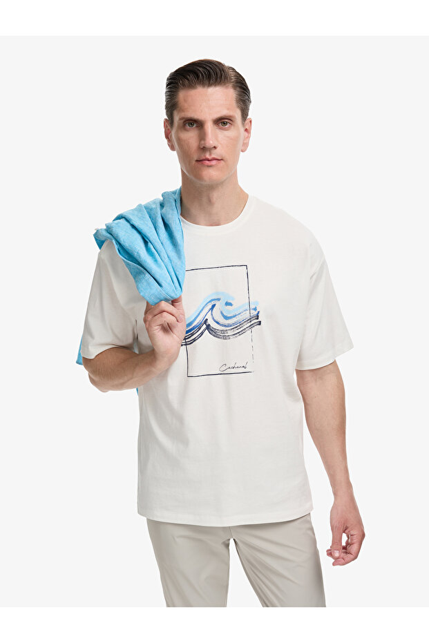 White Comfort Fit 100% Cotton Crew Neck Patterned T-Shirt 50320563-Vr013