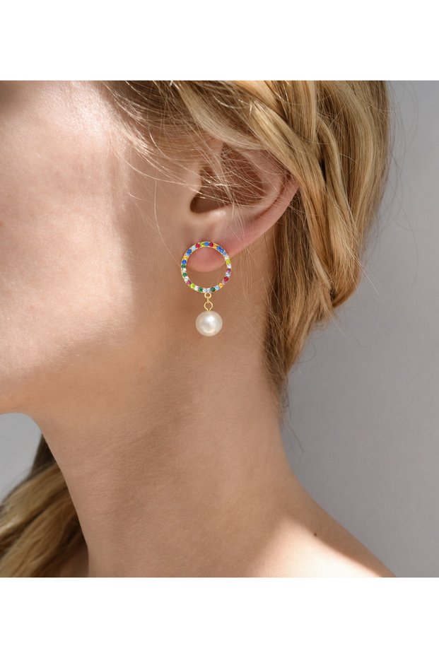 Colorful Stone and Pearl Gold Color Earrings Pair 4 cm