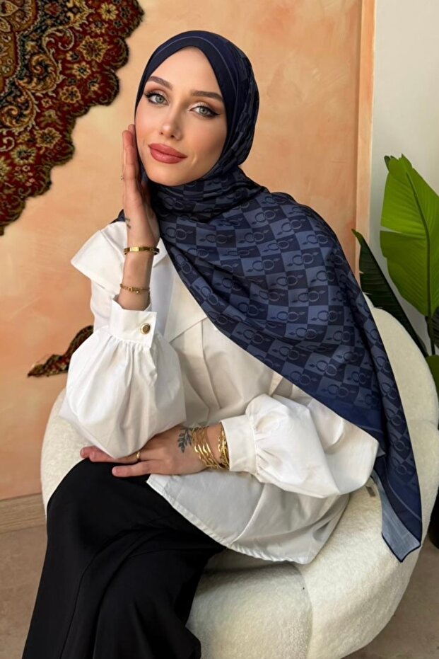 Navy Blue Monogram Patterned Soft Shawl