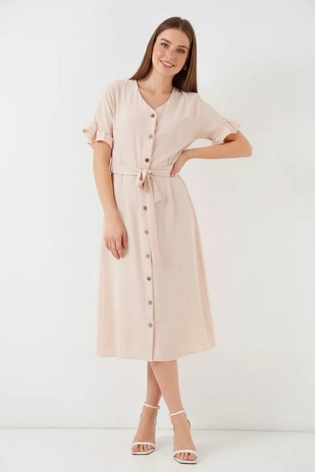 Women's V-Neck Belted Short Sleeve Ruffle Buttoned Cream Dress