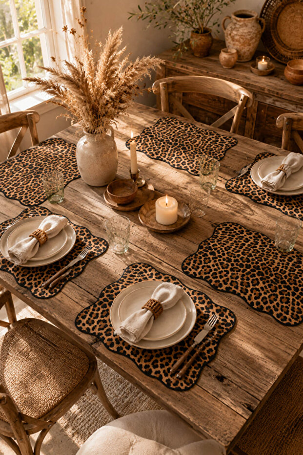 6-Piece Leopard Patterned Leather Placemat Set 35X45 cm Stylish Presentation Mat Leather Placemat Set