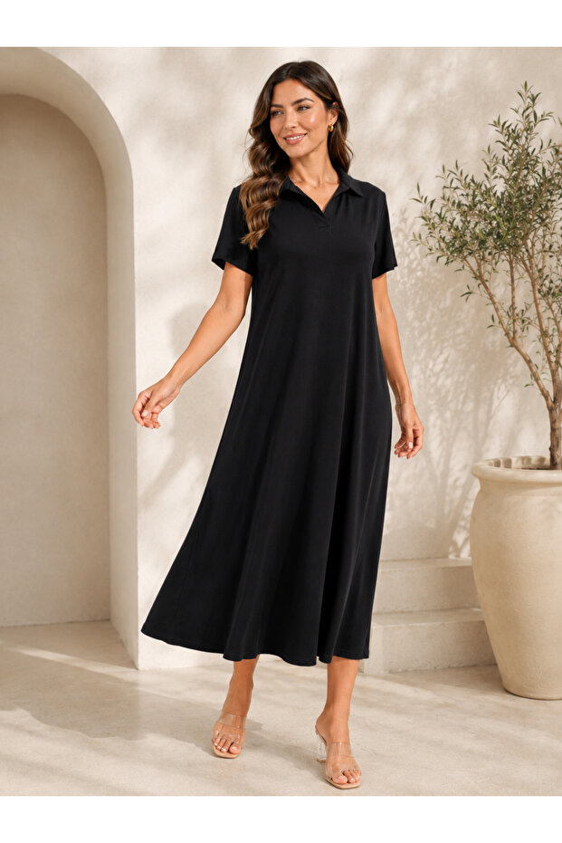 Women's V-Neck Relaxed Fit Midi Length Viscose Two-Thread Dress