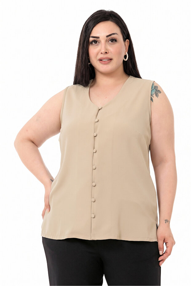 Plus Size Covered Button Sleeveless Beige Shirt with Side Slits