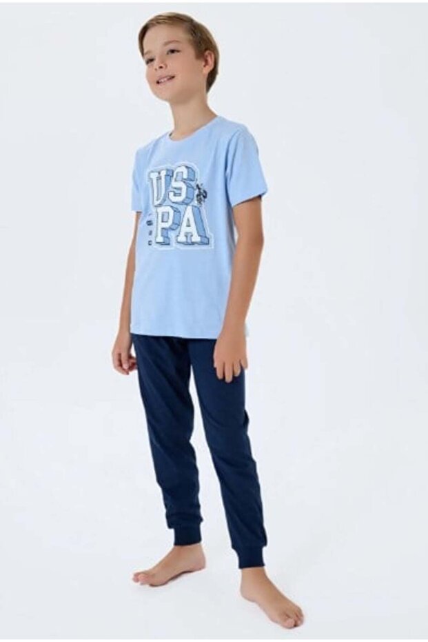 U.S. Polo Assn Boys' Short Sleeve Uspa Letter Printed Pajama Set 5-8 Years Blue
