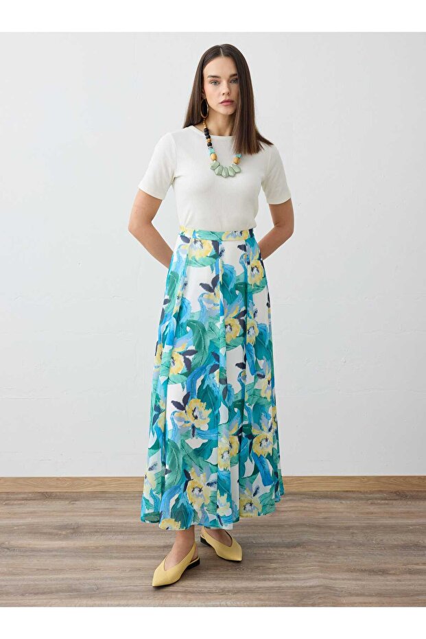Blue Floral Patterned Chiffon Skirt -