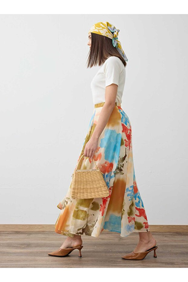 Multicolored Brush Patterned Chiffon Skirt - - 3