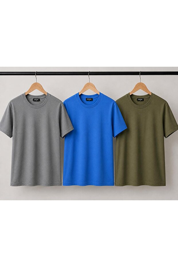 تي شيرت قطني ذو ياقة دائرية من UNISEX BASIC مكون من 3 قطع بلون واحد