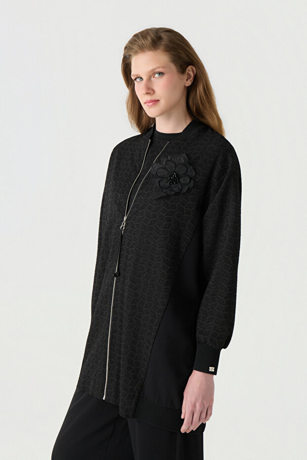 Floral Brooch Zippered Jacquard Black Jacket 0162