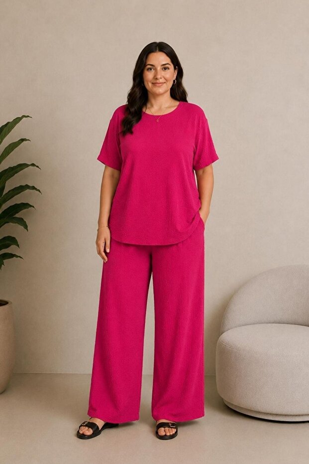 Large Size Slit and Pocketed Wrinkled Fabric Comfortable Double Suit-Fuchia